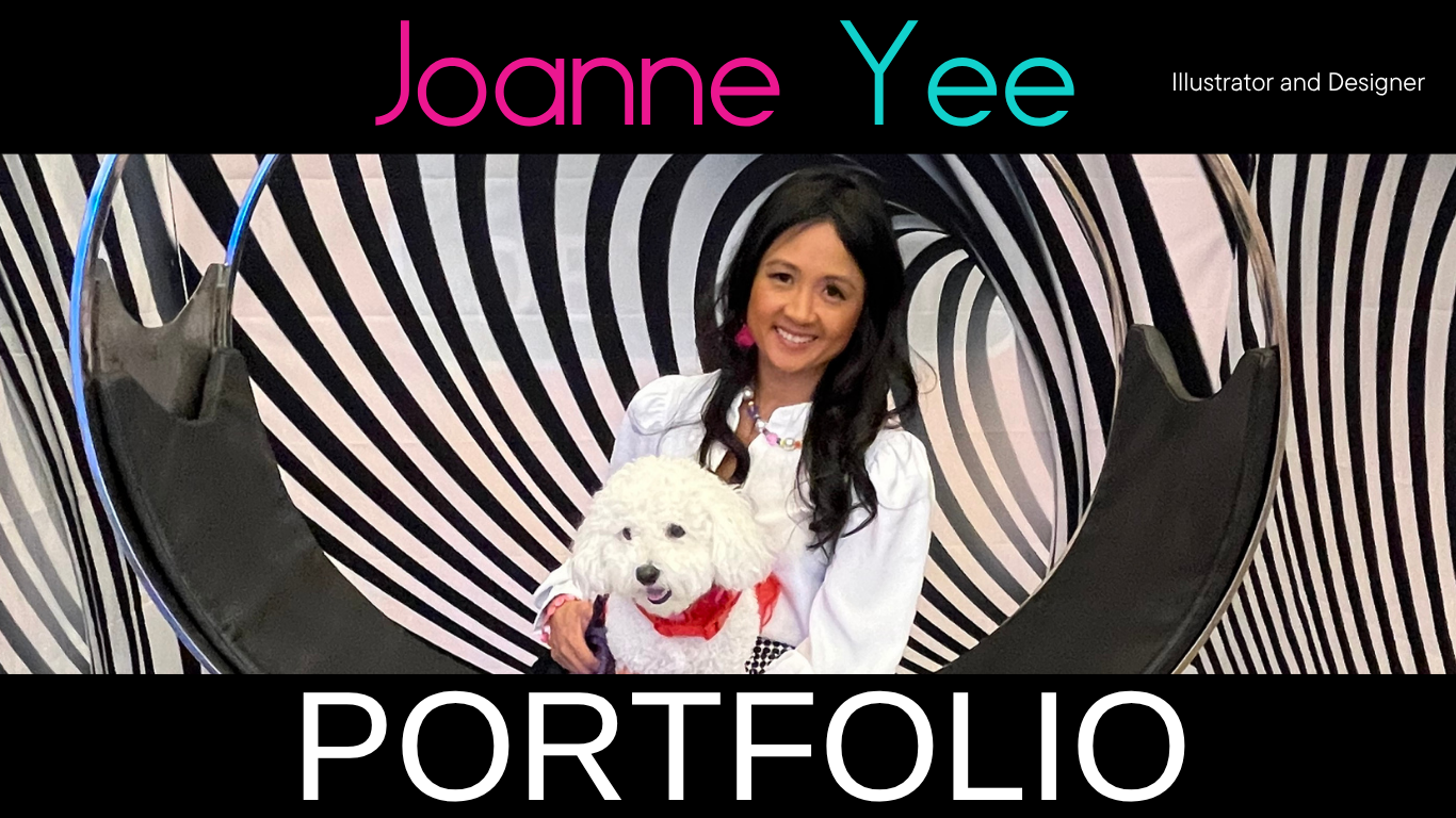 Joanne Yee, illustrator and designer, seated with her dog against a graphic black-and-white background